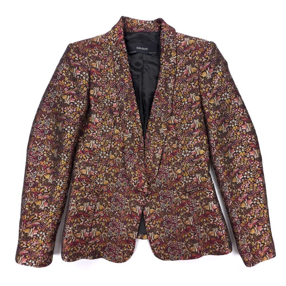NEW Zara Floral Jacquard Blazer Suit Jacket Black Gold French Girl Tailored Prep